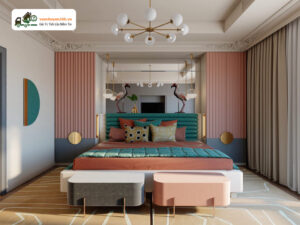 Decor phòng kết hợp hồng - xanh ngọc bích